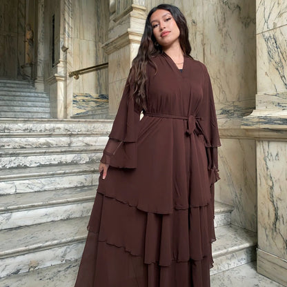 Eid Muslim Abaya for Women Chiffon 3 Layers Cake Party Cardigan Robe Jalabiya Dresses Ramadan Morocco Abayas Kaftan Vestidos