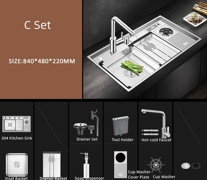 Large Size Nano Meter Cup Rinser Stepped Kitchen Sink 304 Stainless Steel 4mm Thickness Handmade Sinks With Knife Holder