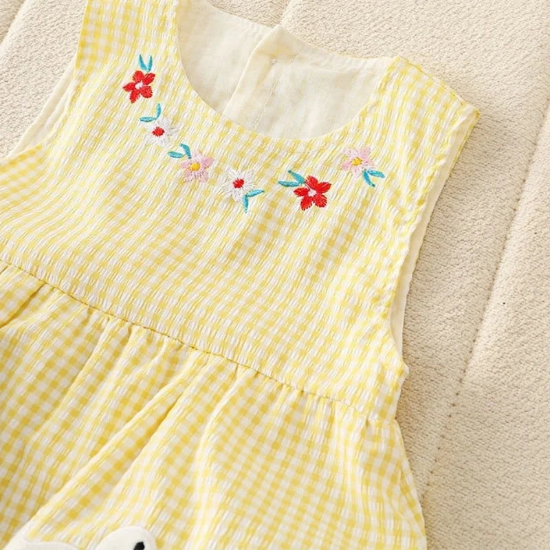 0–2 Jahre Neugeborene Kinder, bezaubernder Baby-Mädchen-Strampler aus Baumwollgaze, gelb kariert, bezauberndes besticktes Enten-Design – weich und süß.
