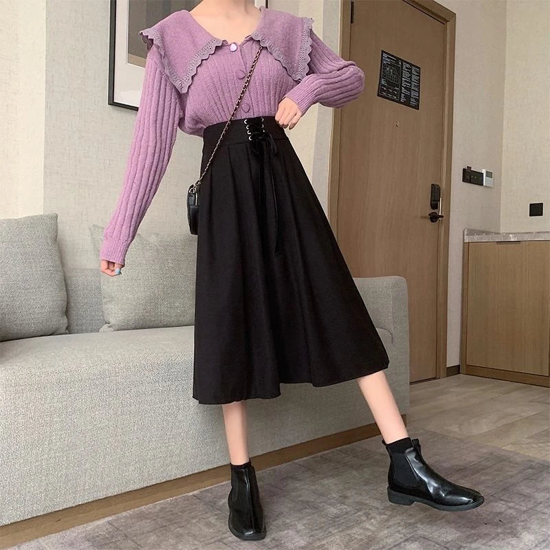 Preppy Style Vintage Long Skirts Women High Waist Sweet Loose A Line Skirt Lace Up Retro Fall Winter Female Elegant Long Skirts.