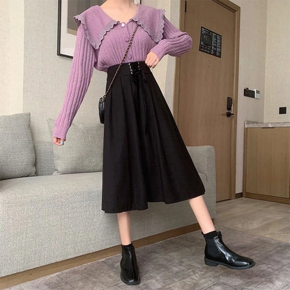 Preppy Style Vintage Long Skirts Women High Waist Sweet Loose A Line Skirt Lace Up Retro Fall Winter Female Elegant Long Skirts.