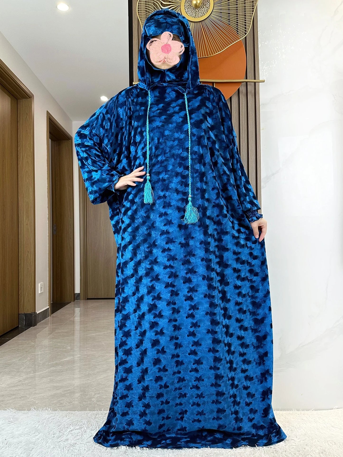 High Quality Velvet Fabric 2025 Ramadan Muslim Lady's Abaya Two-Hats Dubai Turkey Style Islamic Prayer Clothing Kaftan Dress.