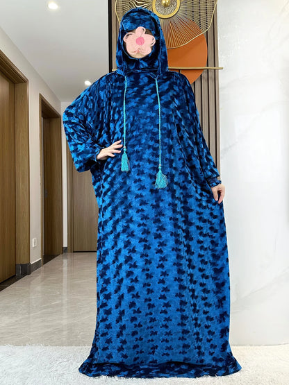 High Quality Velvet Fabric 2025 Ramadan Muslim Lady's Abaya Two-Hats Dubai Turkey Style Islamic Prayer Clothing Kaftan Dress.