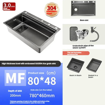 Stainless Steel Kitchen Sink Gray Household Large Single Slot Wash Vegetables and Dish Basin Multifunctional Dish Basin Sink