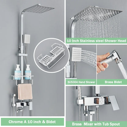 Rainfall Bathroom Shower Faucet Kit With Bidet Wall Mounted Stainless Steel Hot Cold Water Mixer Tap System With Rack,Tub Spout