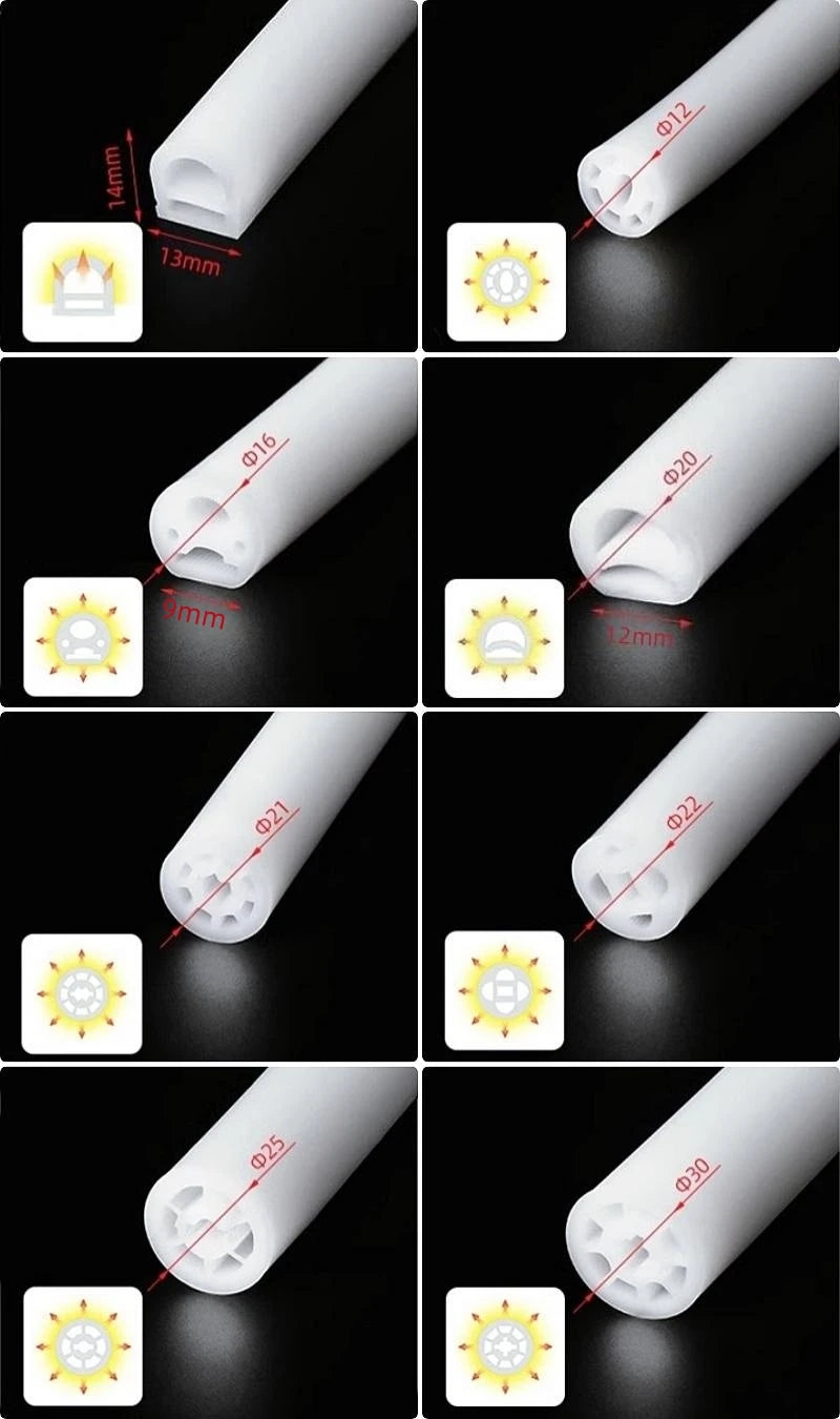 360° Glowing Round LED Neon Tube Rope Lamp Flexible Silicone Diffuser Channel WS2811 WS2812B Soft IP65 Outdoor Tape Strip Lights.