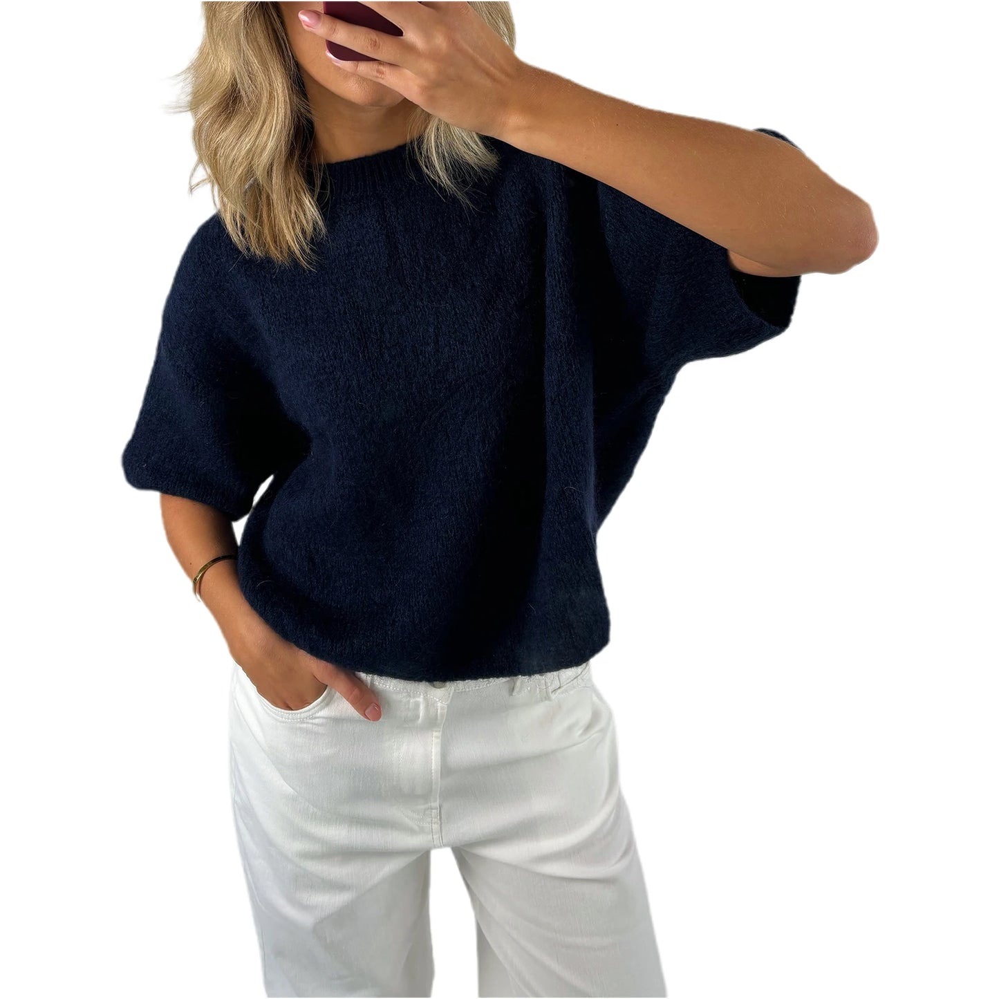 Damen Frühling Herbst Strickpullover Halbarm O Hals Einfarbig Lässige Strickwaren.