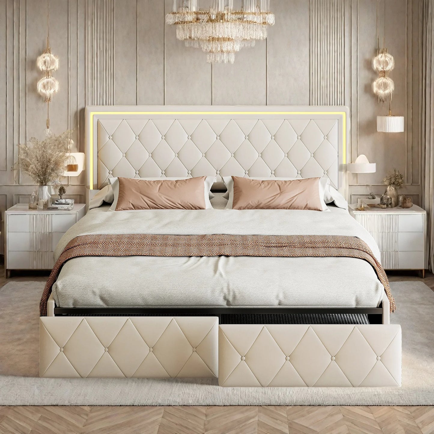 Rosahqnda Modernes Kunstlederbett mit Schubladen, stilvolles Doppelbett aus Kunstleder mit Stauraum, ohne Matratze