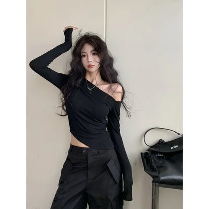 SexySpicy Girl Style Blackoff-the-Shoulder Long Sleeve T-shirt Slimming Smooths Your Silhouette Nefarious Crossbody Top For Wome.