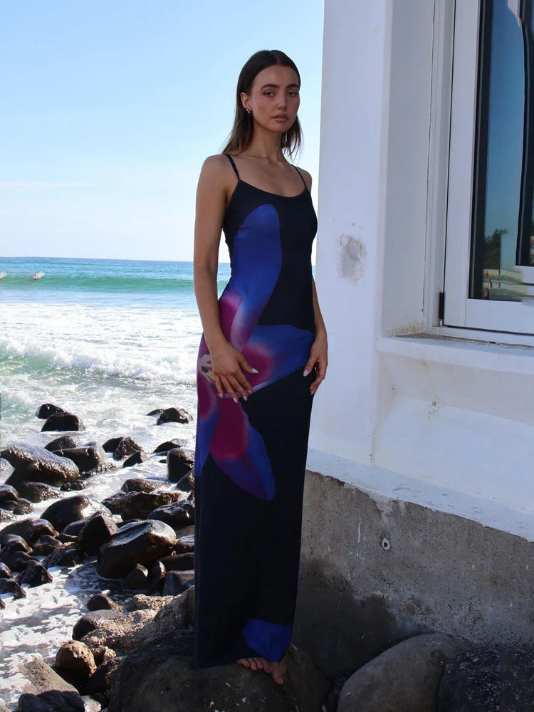 Gedruckt Spaghetti Hot Backless Maxi Kleid Frauen Mode Schlank Elegante Kontrast Patchwork Halter Kleider Herbst Lange DressZ