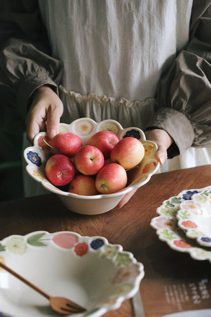 Floral Embossed Rim Soup Dessert Plate - Elegant Ceramic Appetizer Dish for Breakfast, Cafe Dining, Home Kitchen Tableware Set.