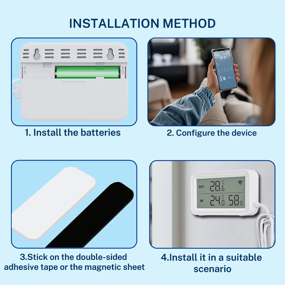 Tuya Wi-Fi Temperature and Humidity Sensor With External Probe Smart Digital LCD Screen Work with Smart Life Google Assistant.