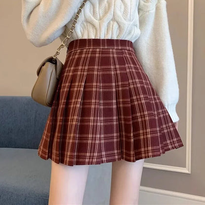 2024 Women Fashion Korean Style JK Mini Skirts Girls Red Grey Plaid Pattern Dress Female Versatile A Line Zipper Pleated Skirts.