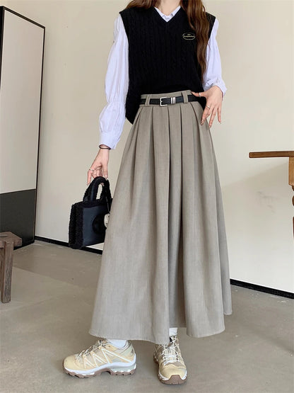 2024 New Korean Skirt Women Solid Color Versatile Mid-length Pleated Skirt Large Swing Type Skirt Female Long Skirts for Women.