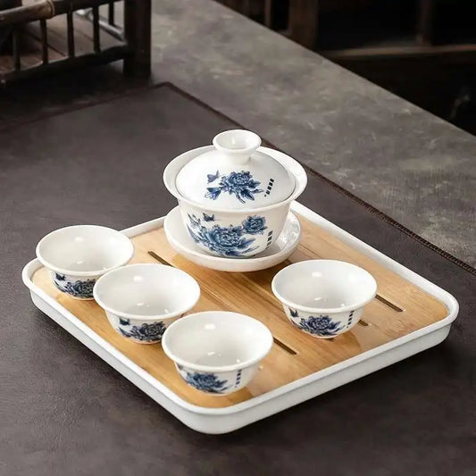 1 gaiwan 4 cups 1 teaboad Ceramic kungfu tea set household  one cover bowl four cups living room kungfu office reception.