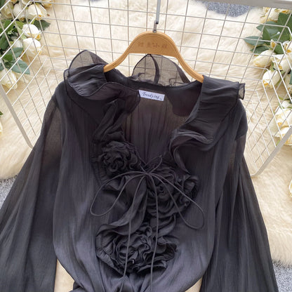 SINGREINY 3D Floral Strand Kurzes Kleid Weibliche Lange Ärmel Spitze Up Rüschen Chiffon Kuchen Sommerkleid Sheer Sexy Vintage Bohemian Kleid.