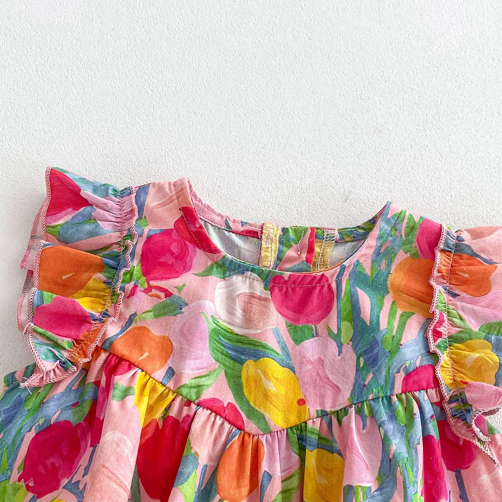 MILANCEL 2025, Sommerkleidung für Babys, Mädchen, Rüschenärmel, Kleinkind-Mädchen-Bodys, Tulpenmuster, Einteiler für Kleinkinder.