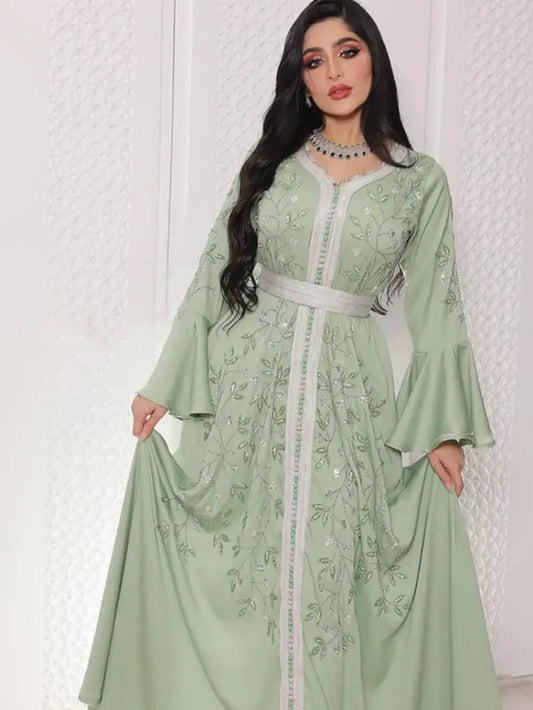 Indien Türkei Muslimischen Abaya Kleider Frauen Elegante Diamant Hochzeit Abend Party Kleid Spitze Gürtel Abaya Marokko Kaftan Robe.