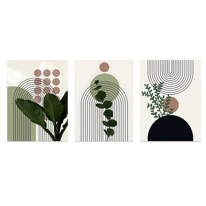 3 Pieces Bohemian Light Frameless Canvas Painting Simple Green Leaves Plant Poster Simple Lines Bedroom Decorative Wall Art.