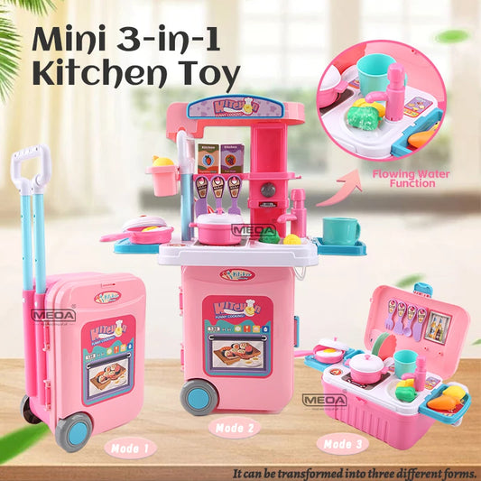 Mini 3-in-1 Kitchen Set Toy Kitchen Pretend Play Integrates Storage Boxes and Tableware Sets Portable Suitcase Cooking Kits Toys.