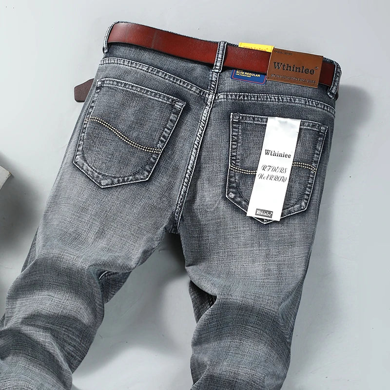 New Business Men's Jeans Casual Straight Stretch Fashion Classic Smoke Gray Blue Black Work Denim Trousers Male Brand Clothing.