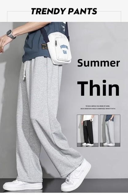 Men's Grey Loose-fit Straight-leg Casual Pants Summer Lightweight Draped Wide-leg Sweatpants For Men Comfortable Long Pants.