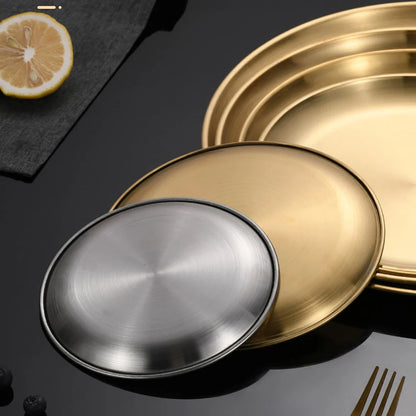 1Pcs Gold Stainless Steels Metal Round Plate Rust-Proof Shallow Tray Plate Camping Plate BBQ Picnic Dishes Cookware Tableware.