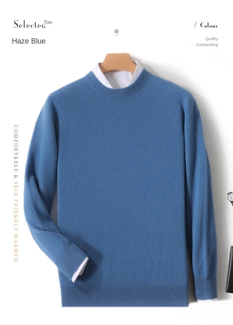 2025 100% Pure Merino Wool Men's Round Neck Pullover Solid Color Plus Size Casual Sweater Autumn And Winter Sports Cashmere Top