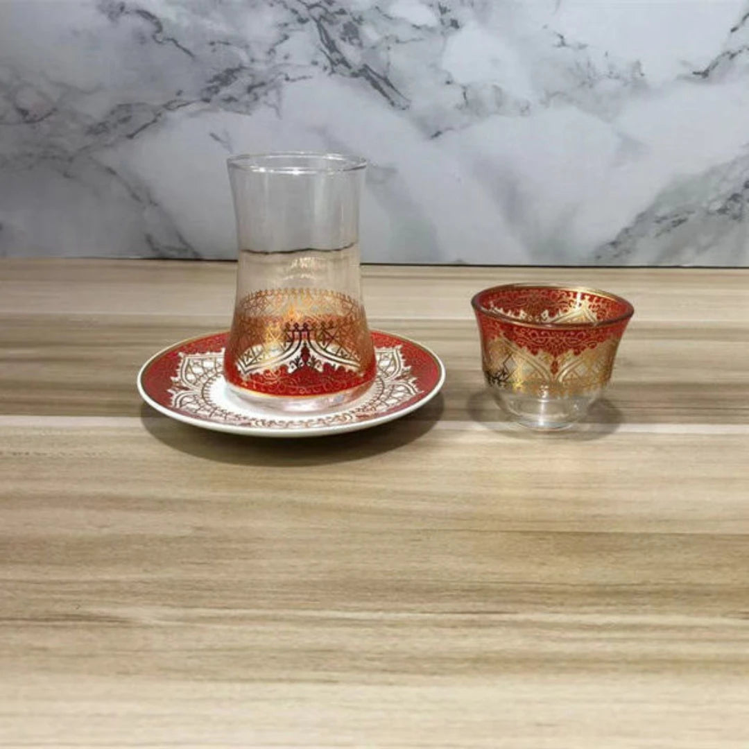 Turkish Tea Glasses Cups Set With Saucers Coffee Cup Romantic Exotic Glass Tea Cup Blue Gold Kitchen Decoration Drinking 3pcs.