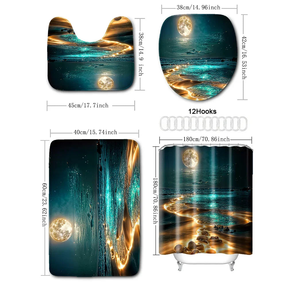 4-teiliges Set wasserdichter Duschvorhang mit Star River Moon-Muster und 12 Haken, bedruckter Vorhang, Badezimmer-Bodenmatte