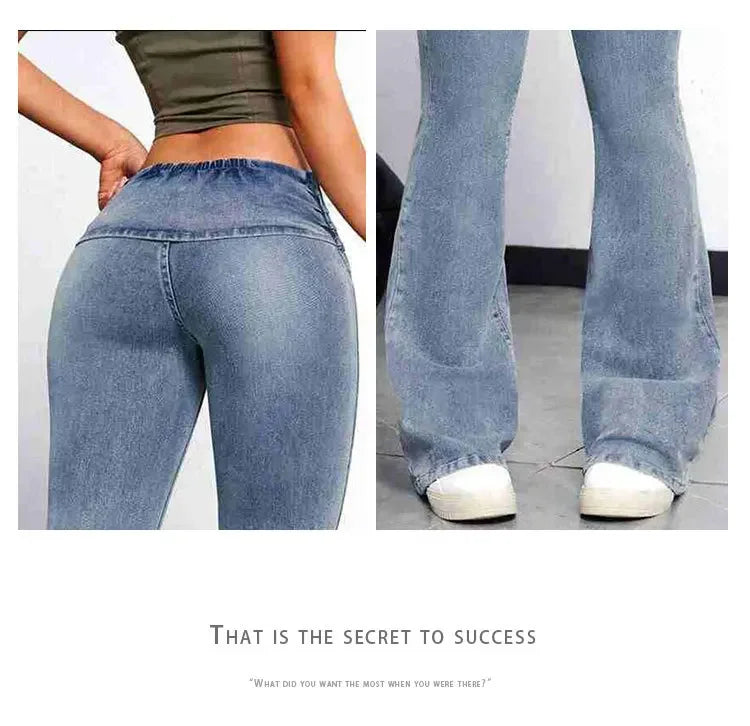 Sexy Peach Hip Jeans Women's Tight Elastic Trousers Slimming Booty Lifting High-Waisted Micro Bell Bottom Pants.