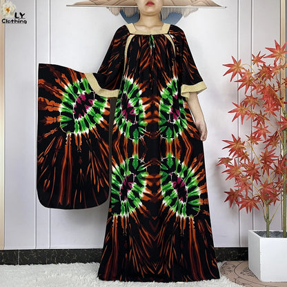 New Muslim Dress Woman Short Sleeve Dashiki African Abaya Tie-dyed Printing Cotton Loose Femme Robe Islamic Dresses With Scarf