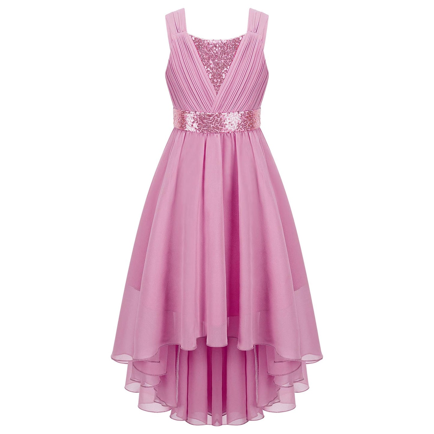 Kinder Blumenmädchenkleid Ärmellos Pailletten Hi-Low-Saum Abendkleid Elegantes Chiffon Prinzessin Geburtstag Formales Hochzeitskleid.