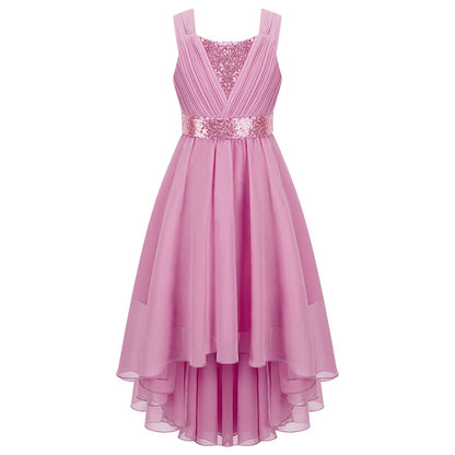 Kinder Blumenmädchenkleid Ärmellos Pailletten Hi-Low-Saum Abendkleid Elegantes Chiffon Prinzessin Geburtstag Formales Hochzeitskleid.
