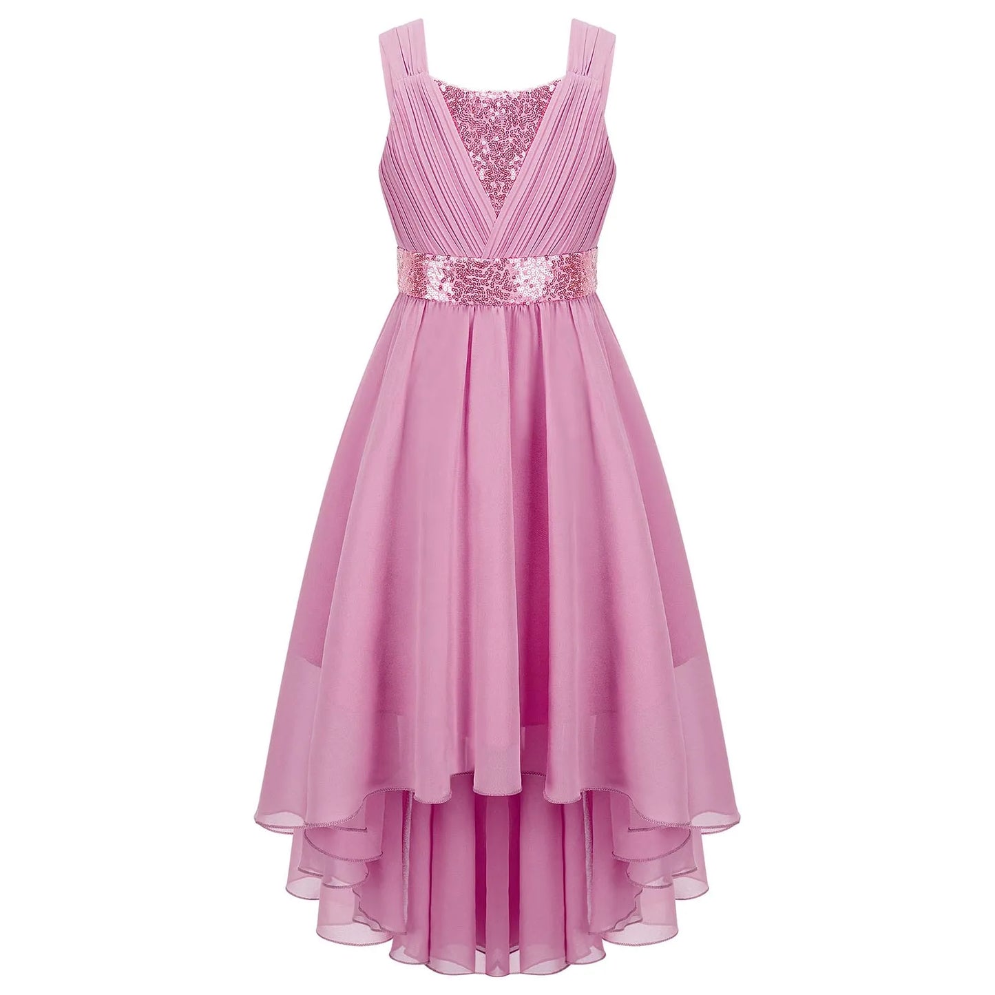 Kinder Blumenmädchenkleid Ärmellos Pailletten Hi-Low-Saum Abendkleid Elegantes Chiffon Prinzessin Geburtstag Formales Hochzeitskleid