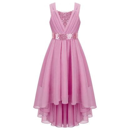 Kinder Blumenmädchenkleid Ärmellos Pailletten Hi-Low-Saum Abendkleid Elegantes Chiffon Prinzessin Geburtstag Formales Hochzeitskleid