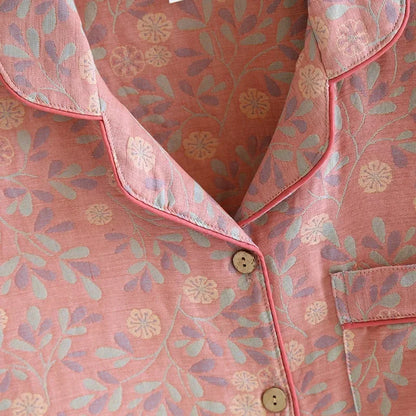 100% Cotton Crepe Homeclothes 2023 Autumn/Winter Women's Pajamas Suit Long-Sleeved Trousers 2-piece Yarn-Dyed Jacquard Pajamas