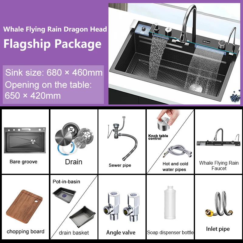 Stainless Steel Digital Kitchen Sink Large Waterfall Pull Out Faucet Honeycomb Embossed Sink Set