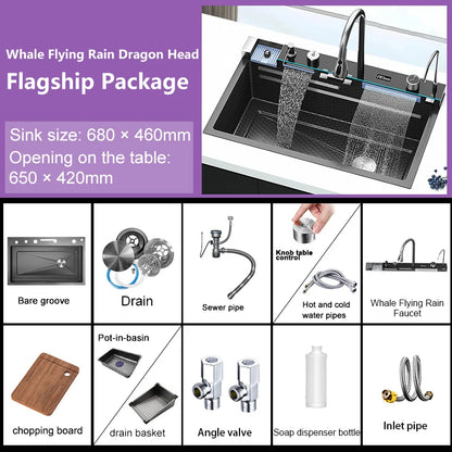 Stainless Steel Digital Kitchen Sink Large Waterfall Pull Out Faucet Honeycomb Embossed Sink Set