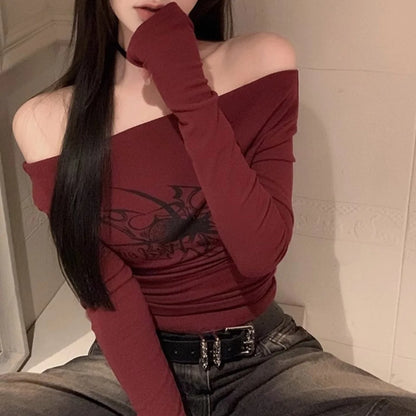 Gothic Print Grunge T-Shirts Women Long Sleeve Off the Shoulders Tops Y2K Clothes Streetwear Shirt Korean Style Vintage Crop Top.
