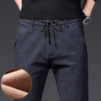 Winter Plush Trousers Men Business Fleece Pants Fashion Warm Drawstring Velvet Thick Casual Stretch Male Clothes 28-29