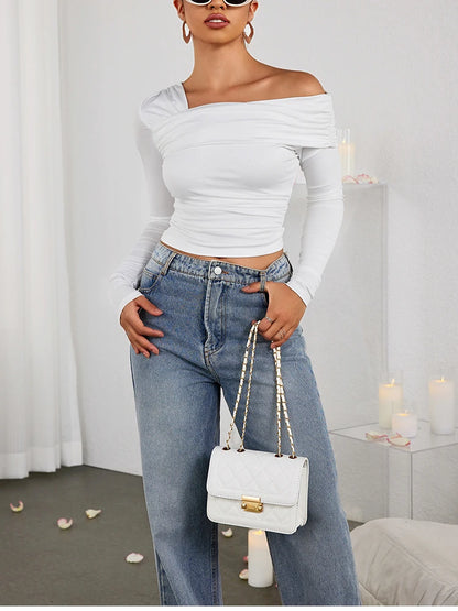 NewAsia Sexy Tight One Shoulder Top Long Sleeve Double Layer Crinkle Texture Asymmetrical Party Chic Blouse Women Fashion Tops.