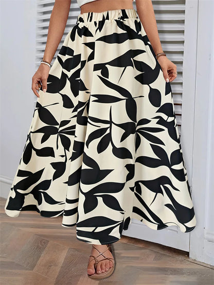 Fairyshely Casual Leaf Print Long Skirt For Women 2025 Summer Ruffle High Waist Maxi Skirt Ladies Elegant A line Pleated Skirt.