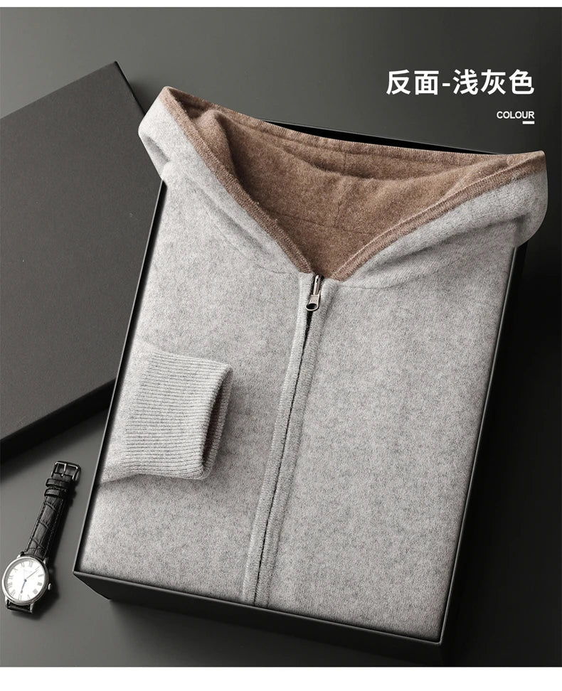 Autumn Winter Pure Cashmere Sweater Double-sided Cardigan Men's Casual Zipper Thickened Cashmere Knitted Hooded Sweater Coat