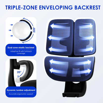 AUTHMIC Premium Ergonomischer Bürostuhl mit 6D-verstellbaren Armlehnen, 3D-Kopfstütze, 3-Zonen-Rückenlehne, 200 kg Tragkraft, Liegestuhl 90 ° -160 °