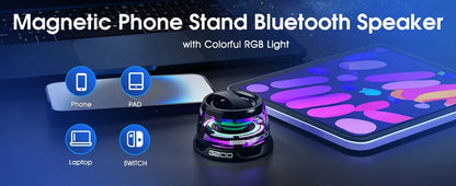 Outdoor Magnetic Bluetooth Speaker Wireless Portable Mini Travel Stereo Speaker with RGB Color Light and Phone Holder for Ios.