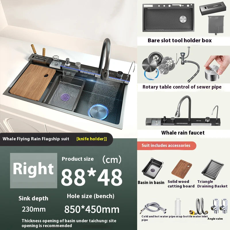 Extra Large Single Bowl Stainless Steel Waterfall Kitchen Sink Digital Display Multifunctional Household Vegetable Washing Sink