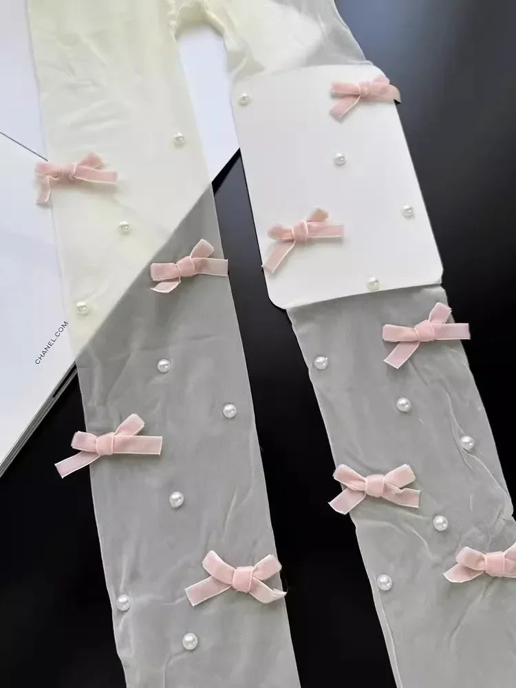 Y2K Velvet Bow Embroidery Pearl Tights Pantyhose Fashionable Simple Female Stockings JK Styles Cute Sweet Girls Chic Stocking.