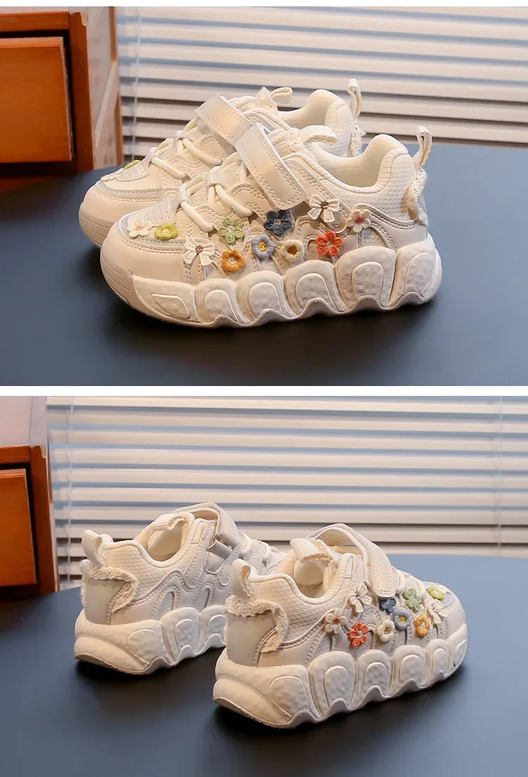 Kids Princess Shoes Thick Soft Sole Trendy Girls Sports Shoes Sweet Embroided 2024 New Fashion Children Sneakers with Flowers.