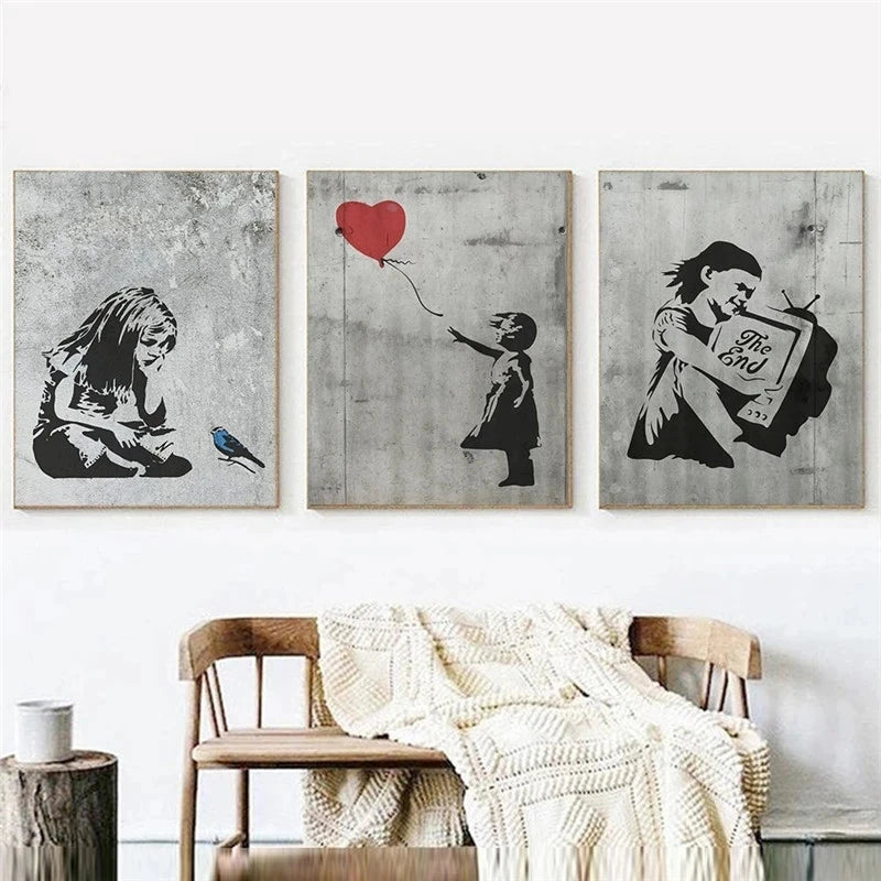 Banksy Graffiti Artwork Canvas Painting Prints Wall Art Pictures Girl with Red Balloon Black White Posters Nordic Home Decor.